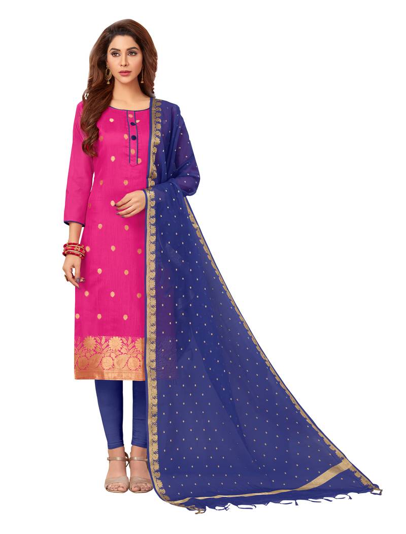 Pink Blue Banarasi Cotton Dress Material Having Banarasi Dupatta