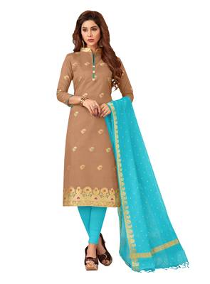 Brown & Sky Blue Banarasi Cotton Dress Material Having Banarasi Dupatta With Tassels 1