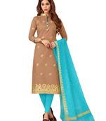 Brown & Sky Blue Banarasi Cotton Dress Material Having Banarasi Dupatta With Tassels