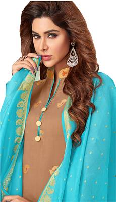 Brown & Sky Blue Banarasi Cotton Dress Material Having Banarasi Dupatta With Tassels 2