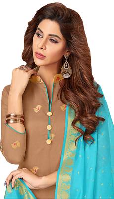 Brown & Sky Blue Banarasi Cotton Dress Material Having Banarasi Dupatta With Tassels 3