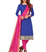 Blue & Pink Banarasi Cotton Dress Material Having Banarasi Dupatta With Tassels