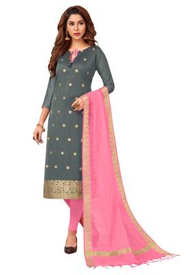 Grey & Light Pink Banarasi Cotton Dress Material Having Banarasi Dupatta With Tassels 1