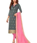 Grey & Light Pink Banarasi Cotton Dress Material Having Banarasi Dupatta With Tassels
