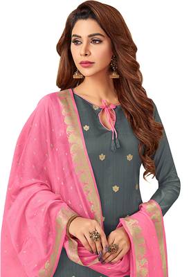 Grey & Light Pink Banarasi Cotton Dress Material Having Banarasi Dupatta With Tassels 2