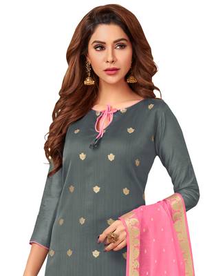 Grey & Light Pink Banarasi Cotton Dress Material Having Banarasi Dupatta With Tassels 3