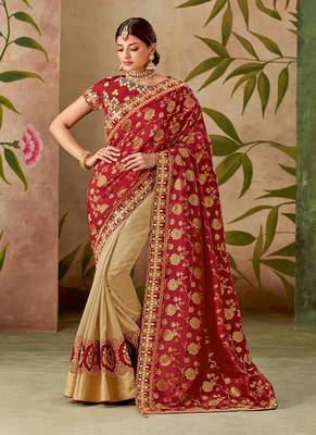 Crimson embroidered silk blend saree with blouse 1