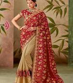 Crimson embroidered silk blend saree with blouse