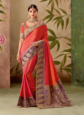 Orange embroidered silk blend saree with blouse 1