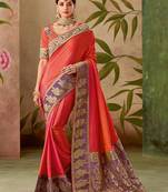 Orange embroidered silk blend saree with blouse