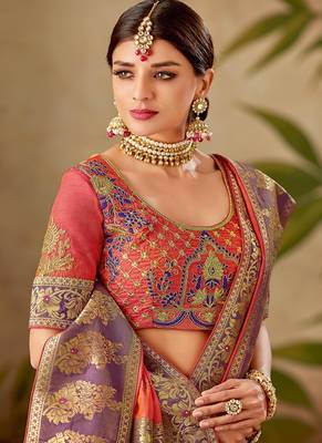 Orange embroidered silk blend saree with blouse 2