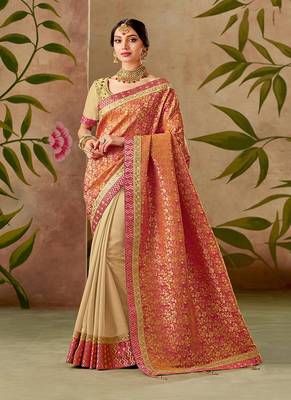 Orange embroidered silk blend saree with blouse 1