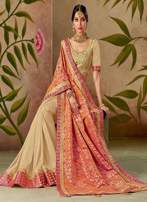 Orange embroidered silk blend saree with blouse 2