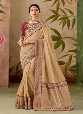 Beige woven silk blend saree with blouse 1