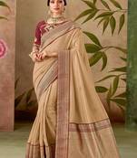 Beige woven silk blend saree with blouse