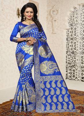 Royal blue woven banarasi silk saree with blouse 1