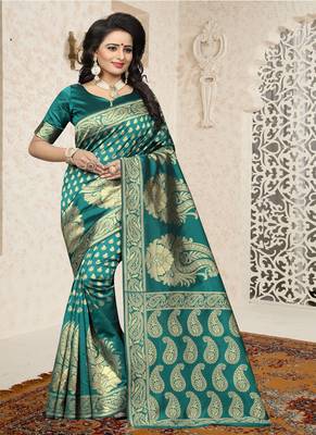Teal woven banarasi silk saree with blouse 1