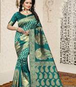 Teal woven banarasi silk saree with blouse