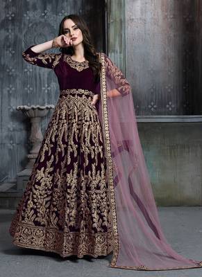 Maroon Velvet Embroidery Anarkali Gown with Net Dupatta 1