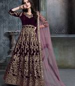 Designer Maroon Velvet Anarkali Gown with Heavy Embroidery & Net Dupatta