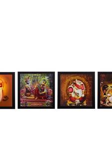Set Of 4 Radha Krishna and Ganesha Satin Matt Texture UV Art Painting