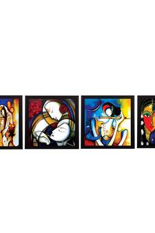 Set Of 4 Abstract Radha Krishna Satin Matt Texture UV Art Painting