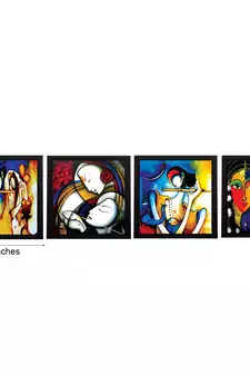 Set Of 4 Abstract Radha Krishna Satin Matt Texture UV Art Painting