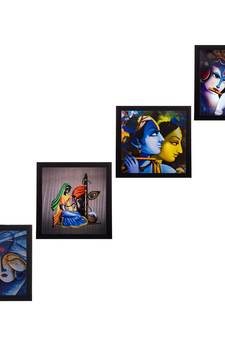 Set Of 4 Radha Krishna Satin Matt Texture UV Art Painting