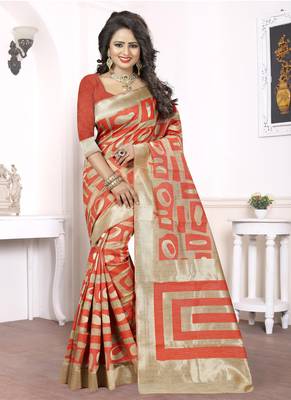 Rust woven pure kanjivaram silk saree with blouse 1