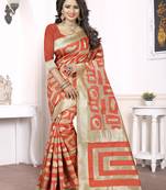 Rust woven pure kanjivaram silk saree with blouse