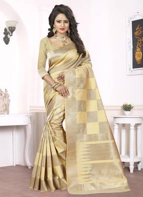 Beige woven pure kanjivaram silk saree with blouse 1
