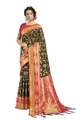 Black woven art silk saree with blouse 1