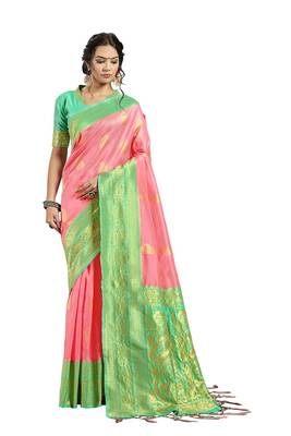 Pink woven art silk saree with blouse 1
