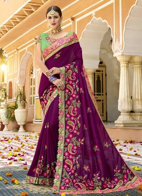 Dark purple embroidered silk saree with blouse 1