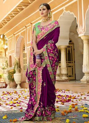 Dark purple embroidered silk saree with blouse 2