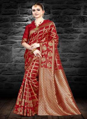 Red woven kanjivaram silk saree with blouse 1