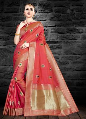 Coral woven art silk saree with blouse 1