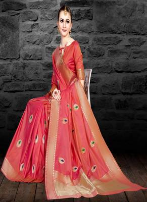 Coral woven art silk saree with blouse 2