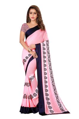 Multicolor plain satin saree with blouse 1