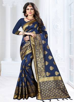 Navy blue woven banarasi silk saree with blouse 1