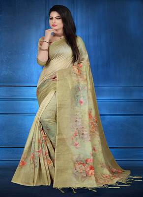 Olive printed linen saree with blouse 1