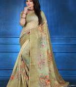 Olive printed linen saree with blouse