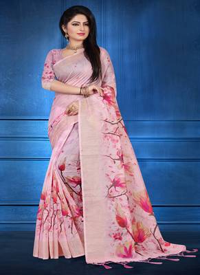 Pink printed linen saree with blouse 1