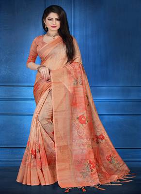 Peach printed linen saree with blouse 1