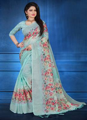   sky blue printed linen saree with blouse 1