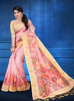   light pink printed linen saree with blouse 1