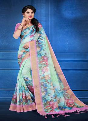   sky blue printed linen saree with blouse 1