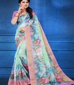   sky blue printed linen saree with blouse
