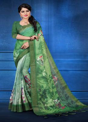 Green printed linen saree with blouse 1
