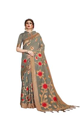 Grey woven art silk saree with blouse 1